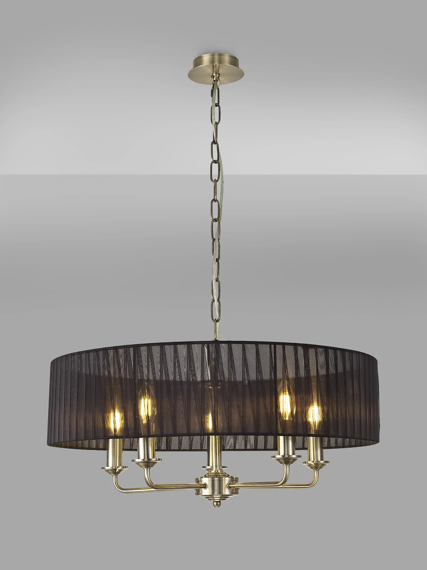 Banyan 5 Light Multi Arm Pendant With 60cm x 15cm Organza Shade Antique Brass/Black DK0868  Deco Banyan AB BL